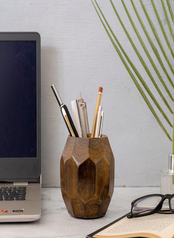 Mie Creations Geometric Wooden Pencil Holder for Desk Table | Wood Pen Cup Stand for Office, Cute Desktop Organizer for Makeup Brushes, Stationery Decor | Rustic Christmas Holiday Gifts- Brown 4'' - Image 2